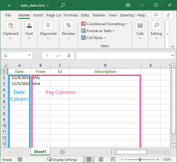 Screenshot of a Microsoft Excel spreadsheet where the current date
is automatically entered into cells in column A.